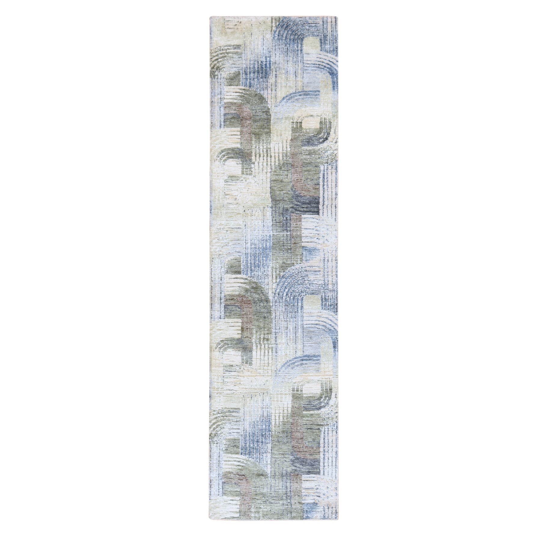 2'7"x10'4" Ivory, THE INTERTWINED PASSAGE, Silk with Textured Wool, Hand Knotted, Runner, Oriental Rug 
